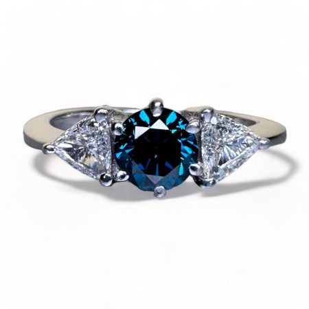 Exquisite 0.65ct Natural Deep Blue Diamond with 0.80ct White Diamond Trillions 18k White solid gold