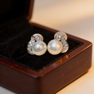 Mesmerizing18K White Gold Earrings, 5.3g, Akoya Pearls 9.1mm & 0.16ct Diamonds