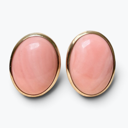 Captivating 18K Yellow Gold Earrings Set with Oval Mediterranean Coral, 9.4g