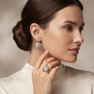 An enchanting vintage button-shaped ring and earrings set, 18k gold, 925 silver, 20.6 g